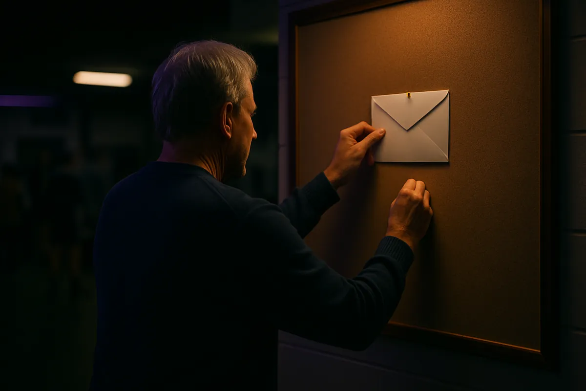 A grey-haired man pins a plain white envelope to a cork notice board in a dim clubhouse.