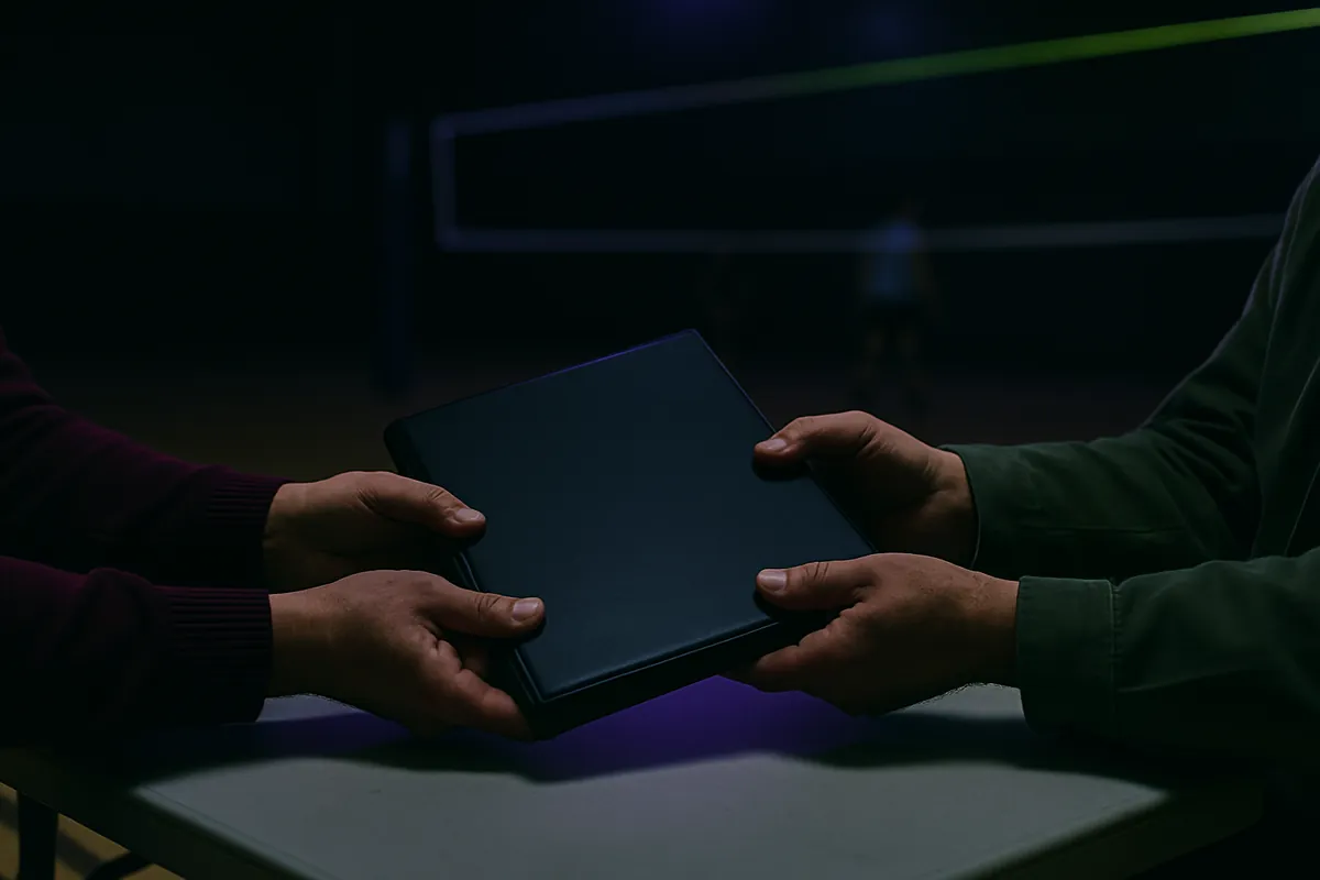 Close-up of one adult handing a dark binder to another across a table, with a dim volleyball court behind them.