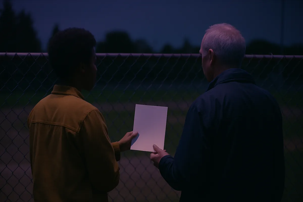 Two people, seen from behind, hold one blank sheet of paper between them at the fence of a sports field at dusk.