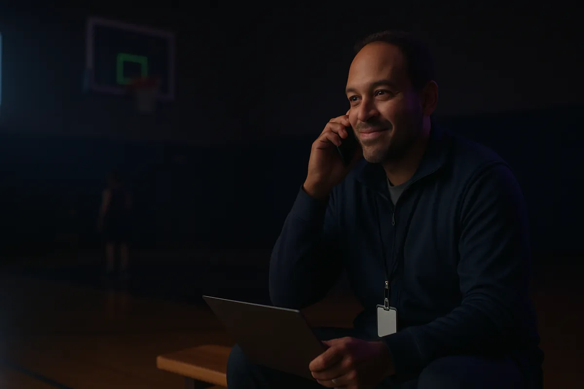 A team manager with a lanyard and a tablet sits courtside in a dark basketball gym, smiling during a phone call.