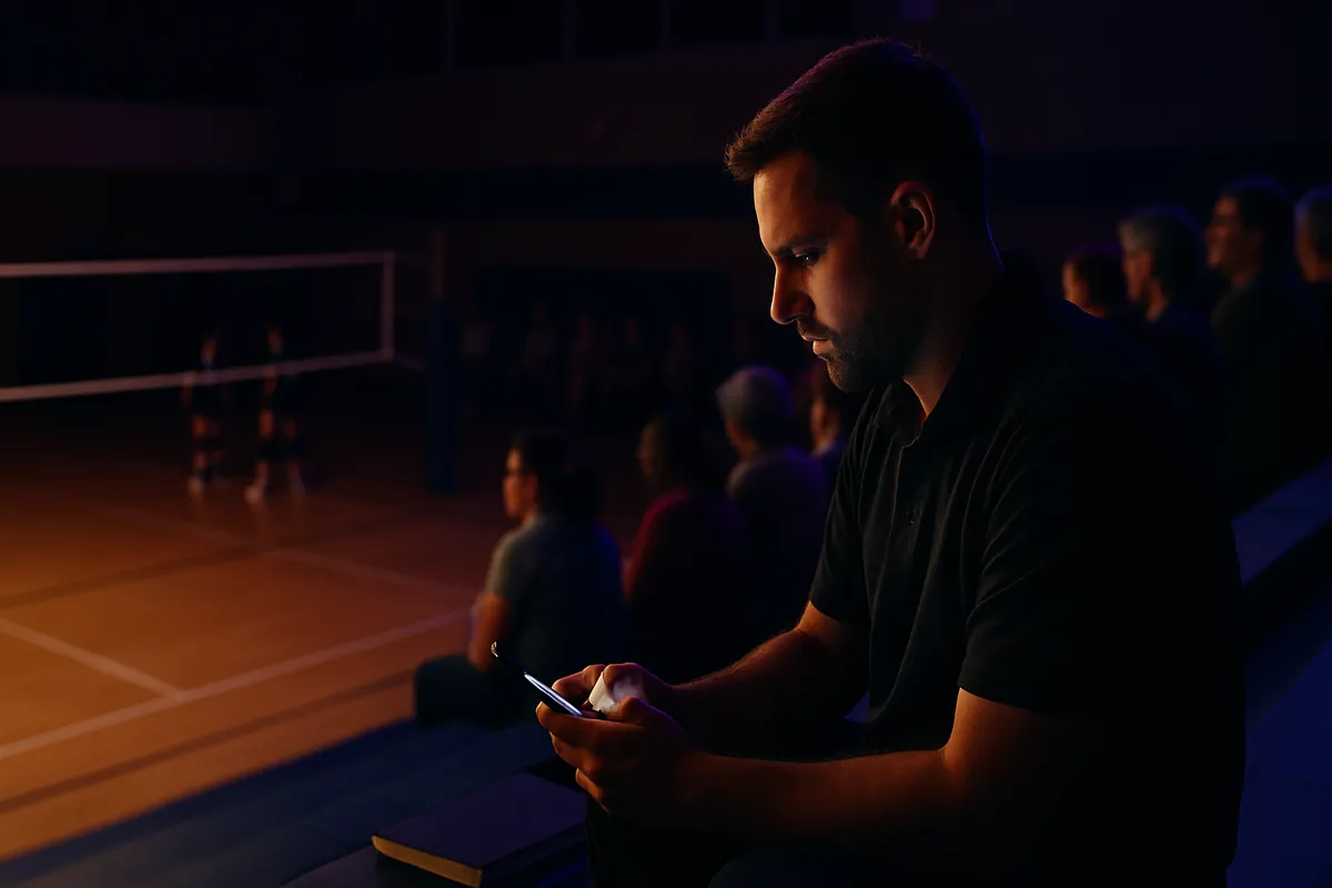 A team manager sits in the stands of a dim volleyball gym typing a message on his phone, with adult spectators beside him.