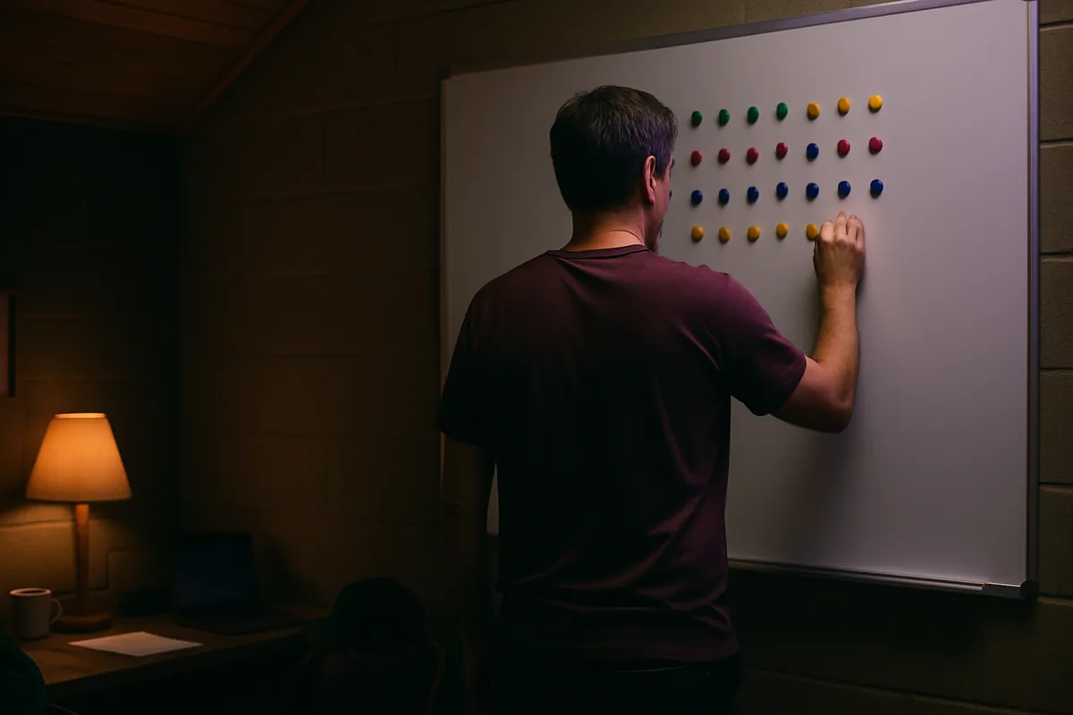A league organizer, seen from behind, moves coloured magnets in rows on a whiteboard in a dim office.