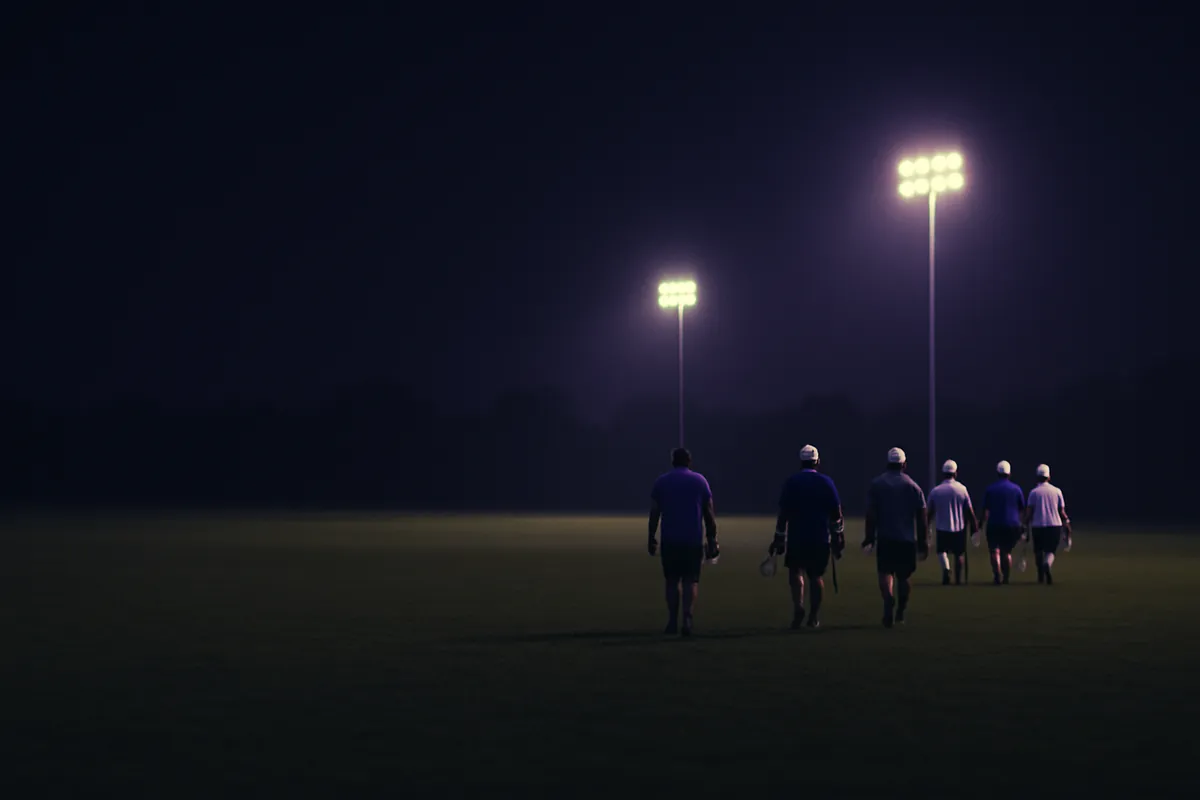 Six adult lacrosse players, seen from behind, walk across a floodlit field at night.