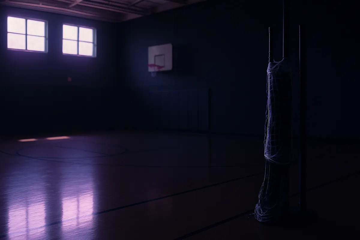 An empty school gym in dim evening light, with the volleyball net rolled up around its pole.