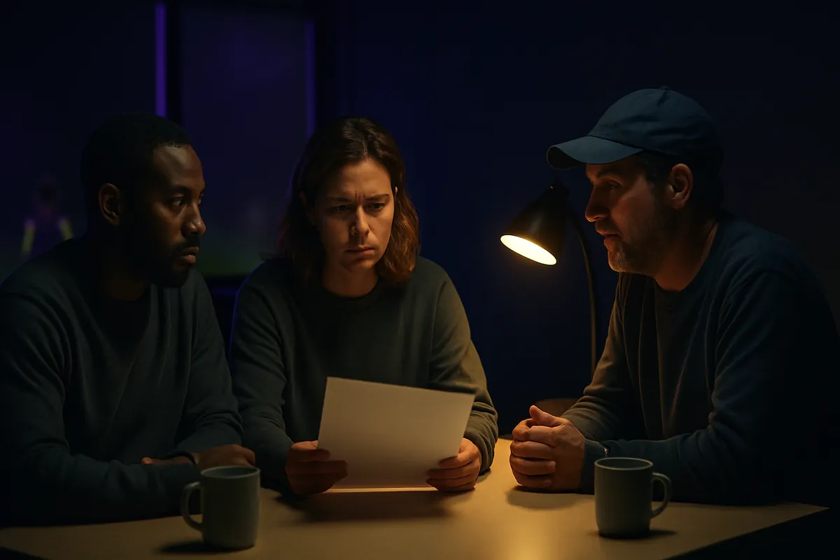 Three adult club volunteers sit at a table under a desk lamp, reviewing a sheet of paper with mugs in front of them.