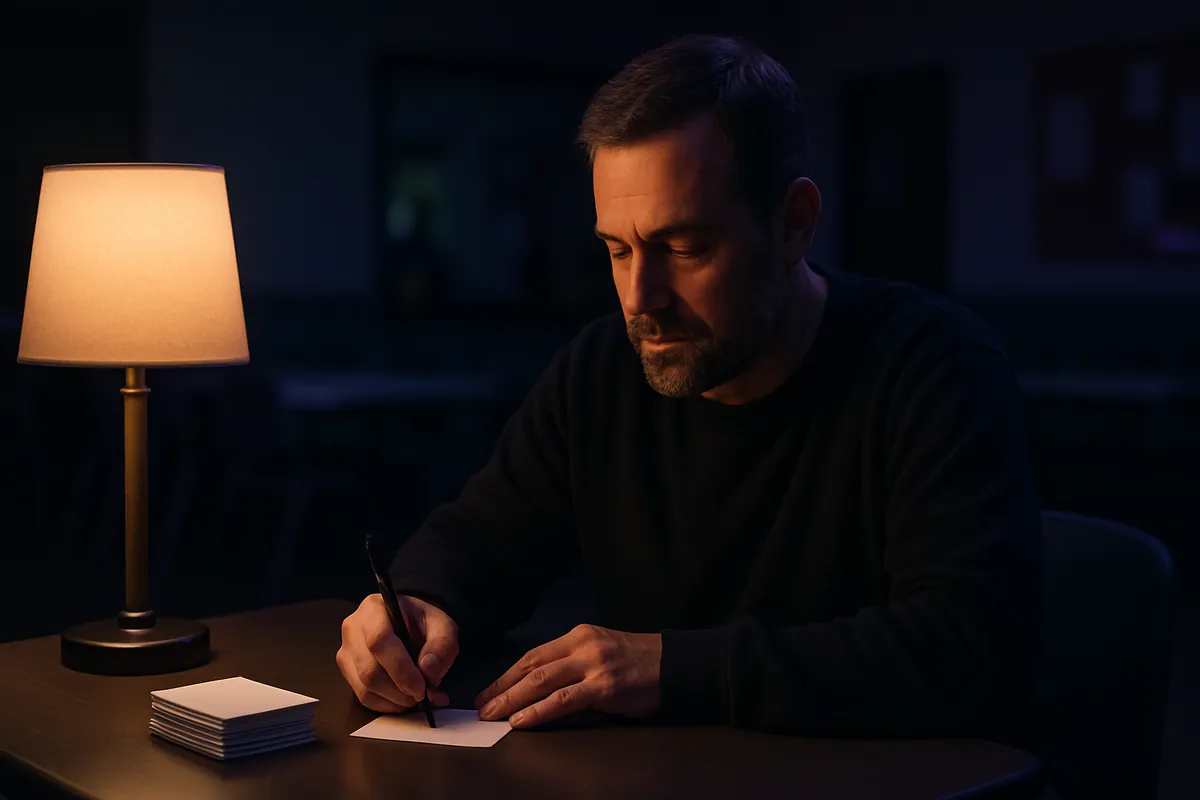 A coach in a dark sweater writes on a small blank card at a desk under a lamp, with a stack of blank cards beside him.