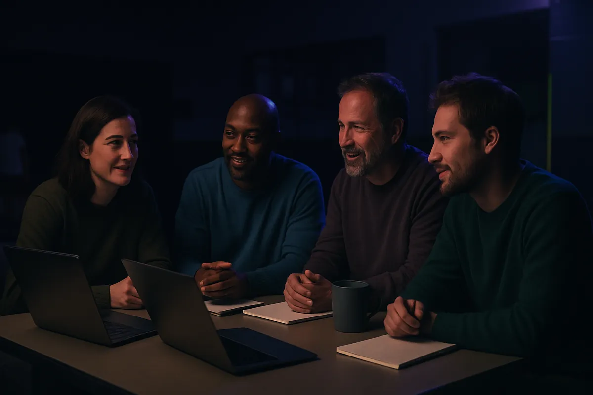 Four adults, a club director and volunteer coaches, talk around a table with laptops, notebooks and a mug in a dim club room.
