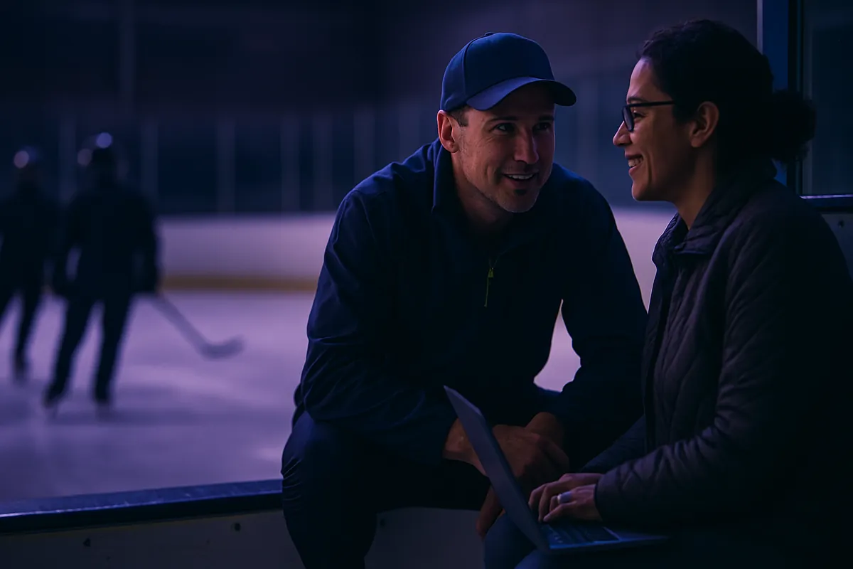 A hockey coach in a cap crouches to chat with a smiling parent holding a laptop beside the rink boards, with skaters blurred on the ice behind.