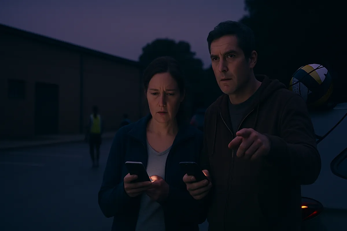 Two parents in a gym car park at dusk look at their own phones, one pointing across the lot, with a volleyball in the open car behind them.
