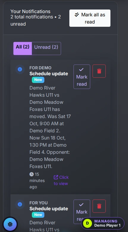 The same schedule change as a linked parent sees it.