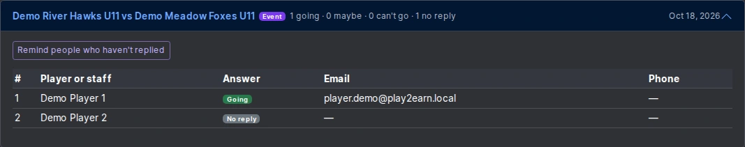 An RSVP list showing replies and No reply in the demo club.