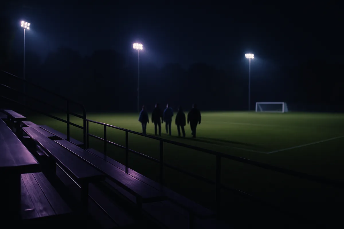 Five adults, seen from behind, walk across an empty floodlit soccer field at night past an empty row of bleachers.
