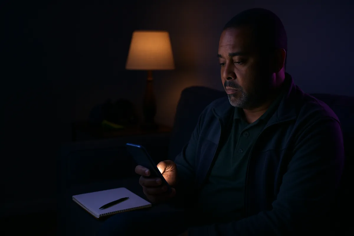 A club volunteer sits on a sofa at home in the evening reading a phone, with a notepad and pen beside him under a lamp.