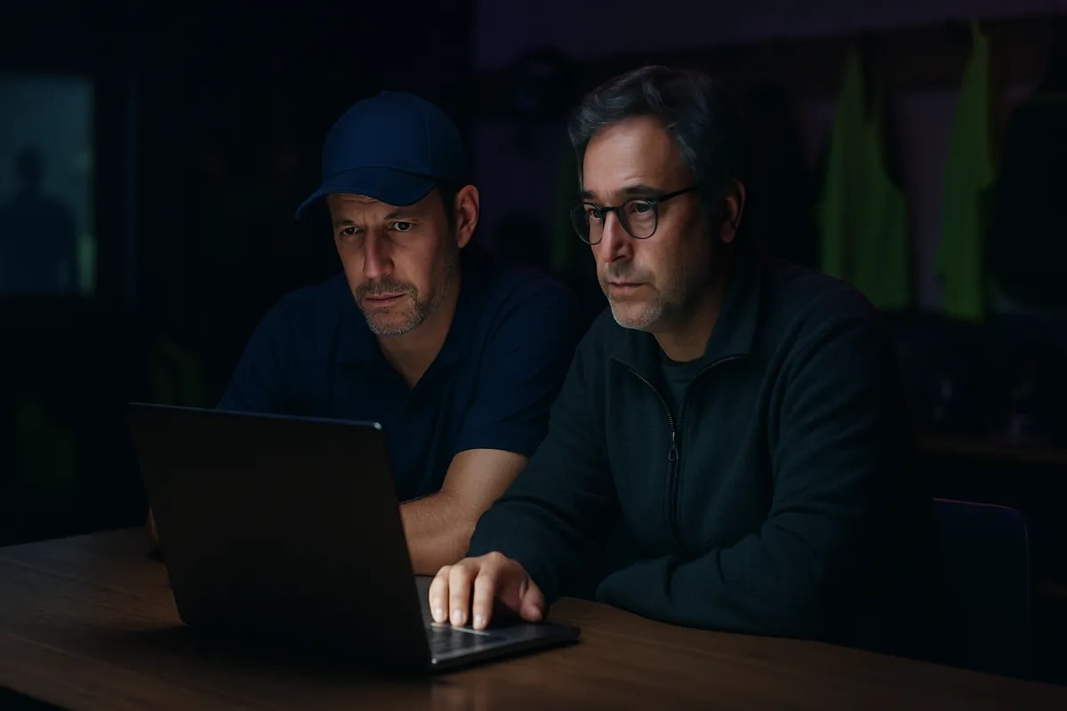 A coach in a cap and a club director in glasses review a laptop together at a table in a dim clubroom.
