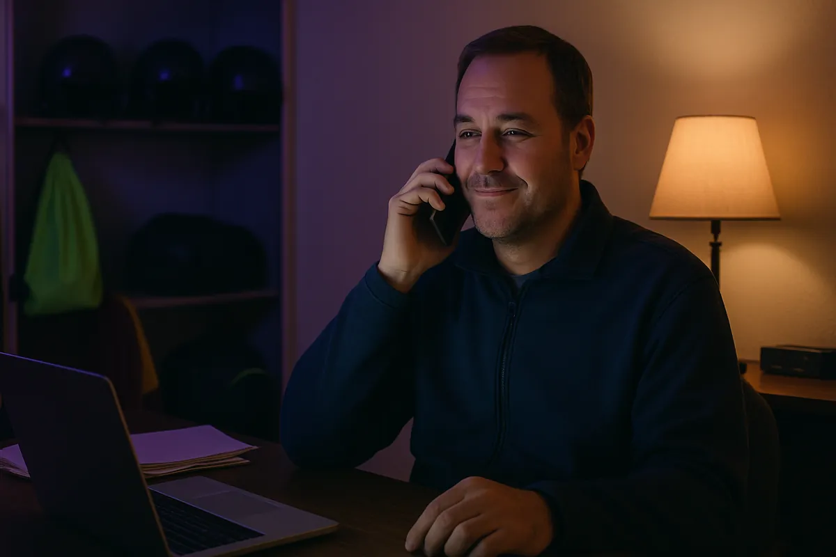 A smiling man talks on his phone at a desk with a laptop and a lamp, sports bags on shelves behind him.