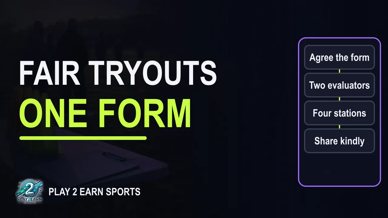 Title card of the video "Youth Sports Tryout Evaluation Form: Fair Scores, Calm Day"