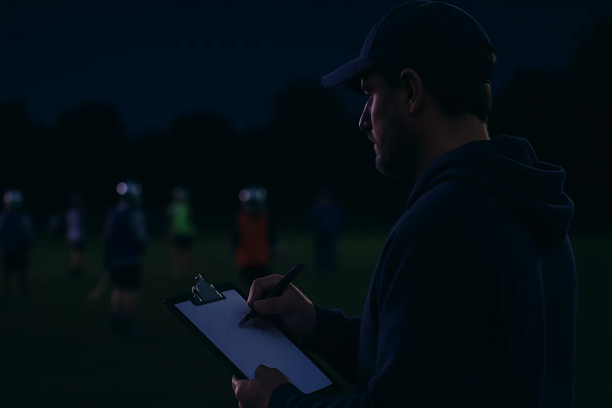 A coach in a cap and hoodie writes on a blank clipboard at the edge of an evening lacrosse practice; the players behind him are far away and out of focus.