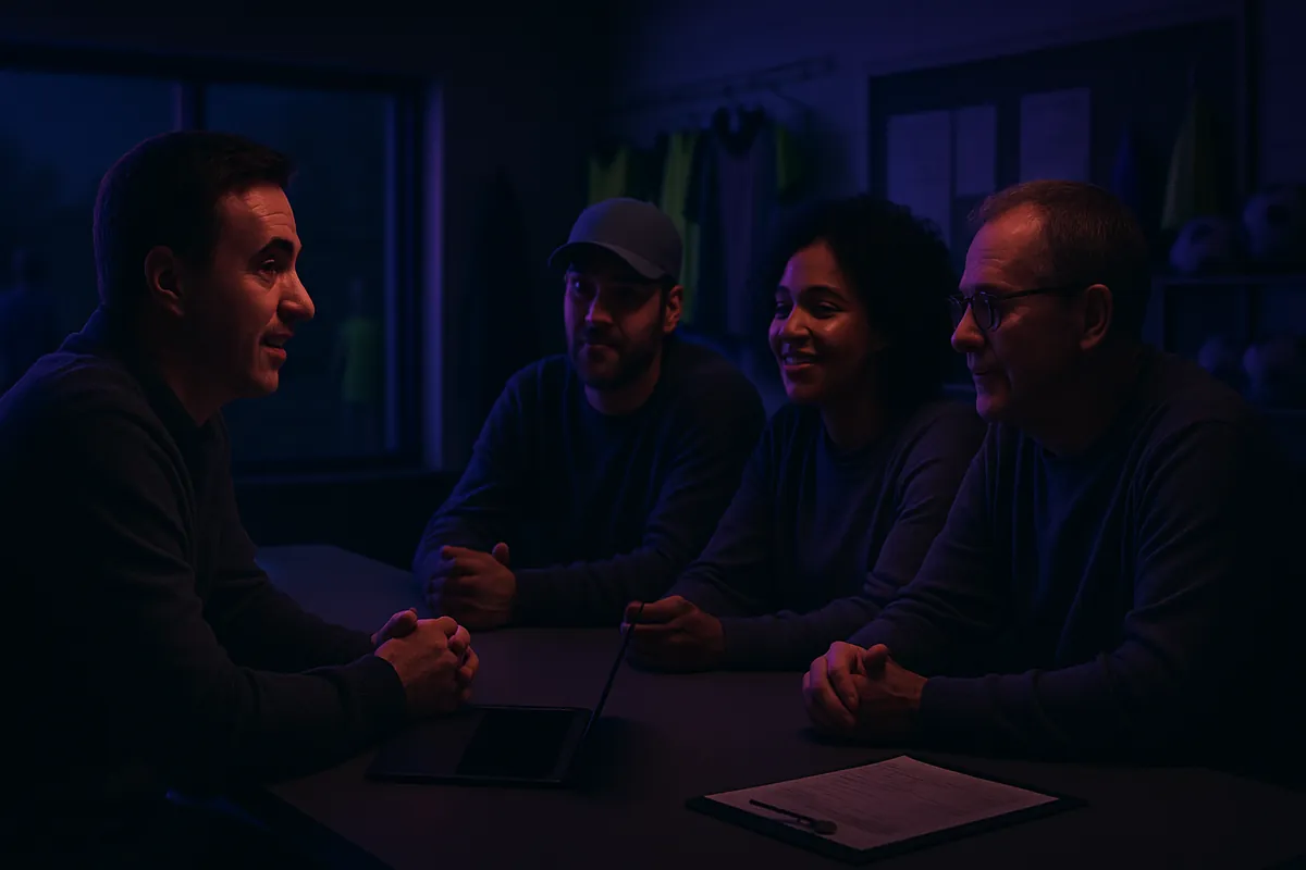 A club director talks with three volunteer coaches around a table in a dim clubhouse, with a tablet and a clipboard on the table.