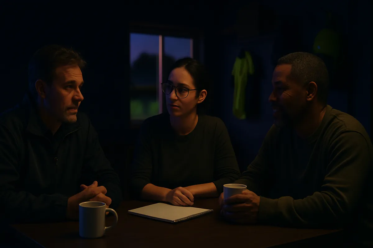 Three adults, a coach, a registrar and a parent, talk around a clubhouse table with coffee mugs and a blank notepad in the evening.