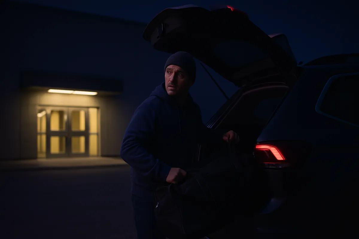 A parent in a beanie loads a sports bag into the back of his car outside a plain building entrance at dusk.