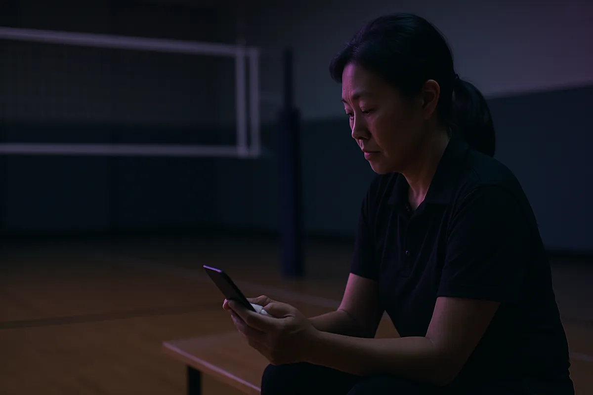 A woman official in a black polo sits on a bench in a dim volleyball gym, checking her phone.