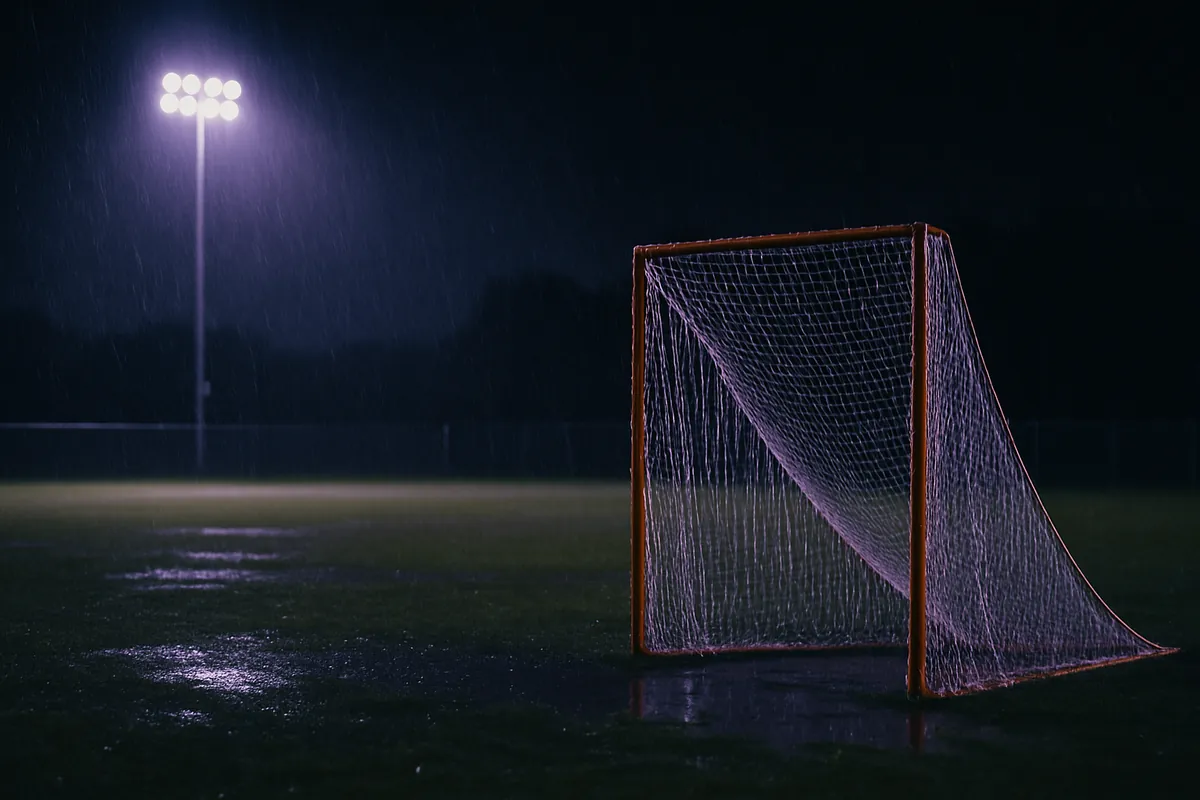 An empty lacrosse goal stands on a rain-soaked field under a floodlight at night.