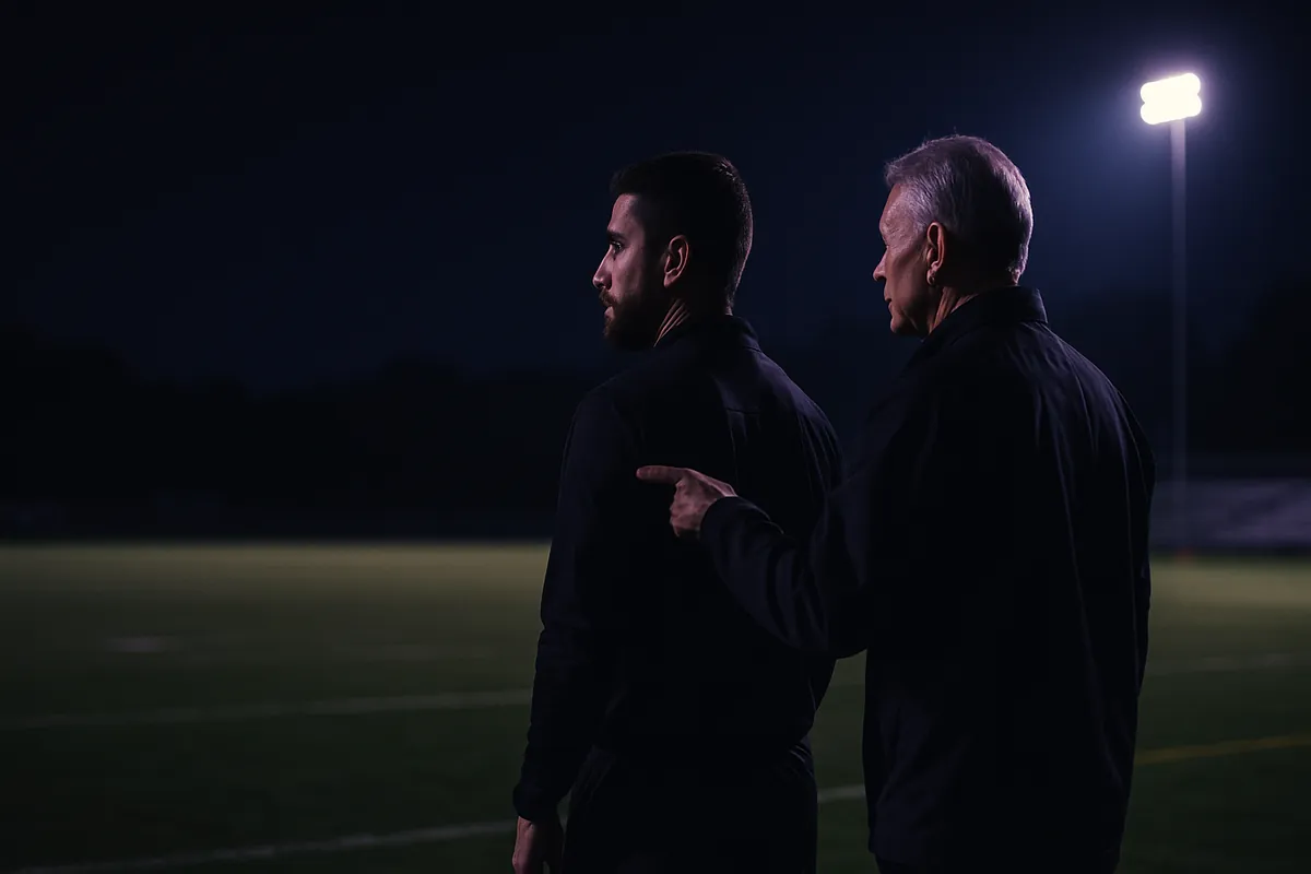 An older official points out something on a floodlit football field to a younger bearded official at night.