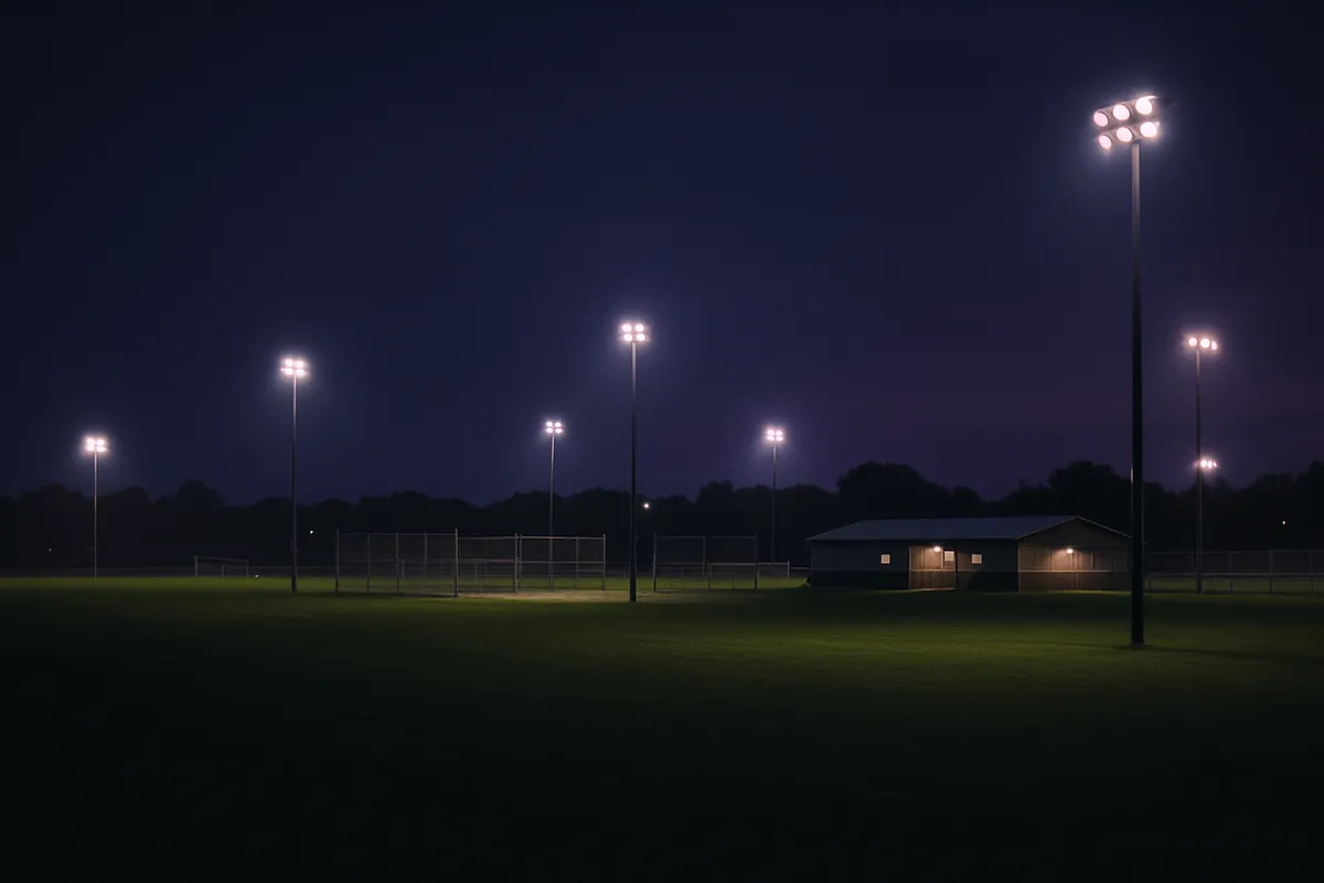 Several floodlit sports fields with fences and a small clubhouse at one complex at night, with nobody on them.
