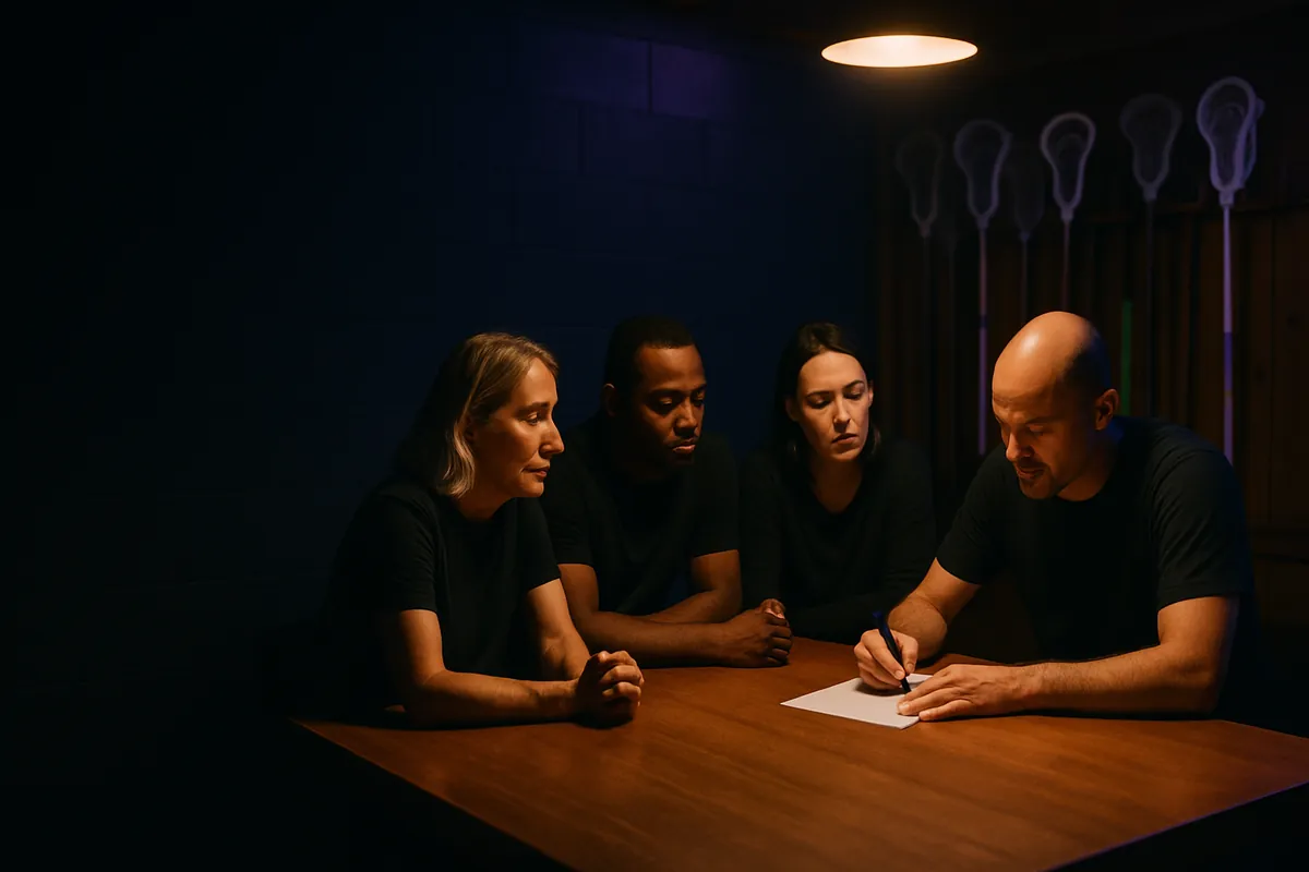 Four club board volunteers sit at a table under a lamp at night while one writes on a sheet of paper, with lacrosse sticks on the wall behind them.