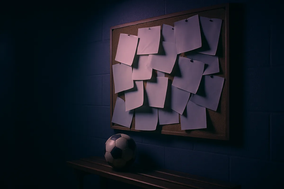 A clubhouse bulletin board crowded with overlapping blank sheets of paper, with a soccer ball on a bench below.