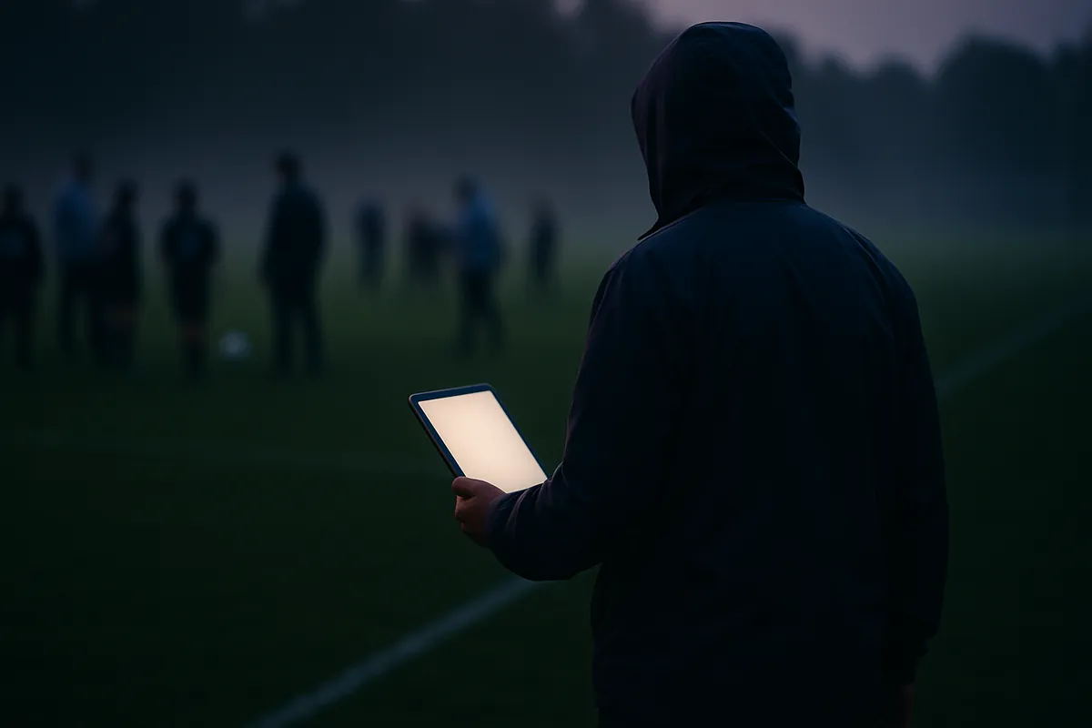 An adult in a hooded jacket, seen from behind, holds a tablet with a blank screen beside a misty soccer field at dawn, with blurred figures in the distance.