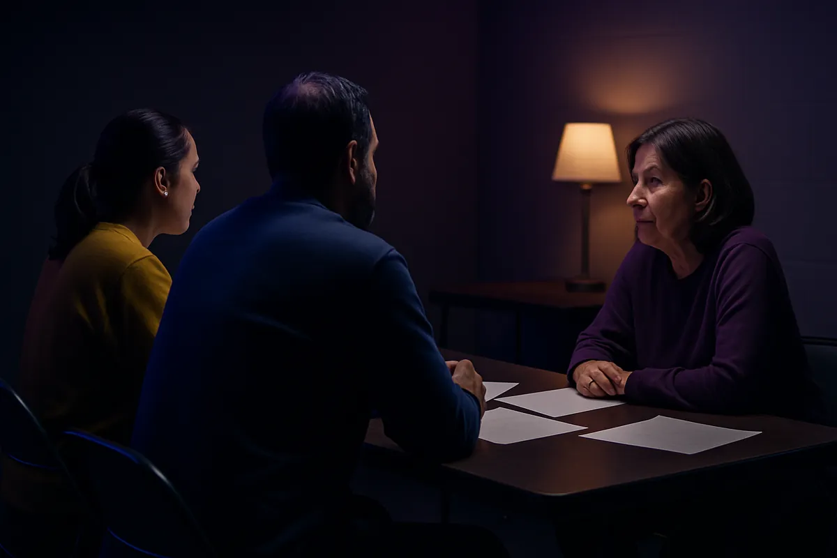 Three adults talk across a table with blank sheets of paper in a dim room lit by a single lamp.