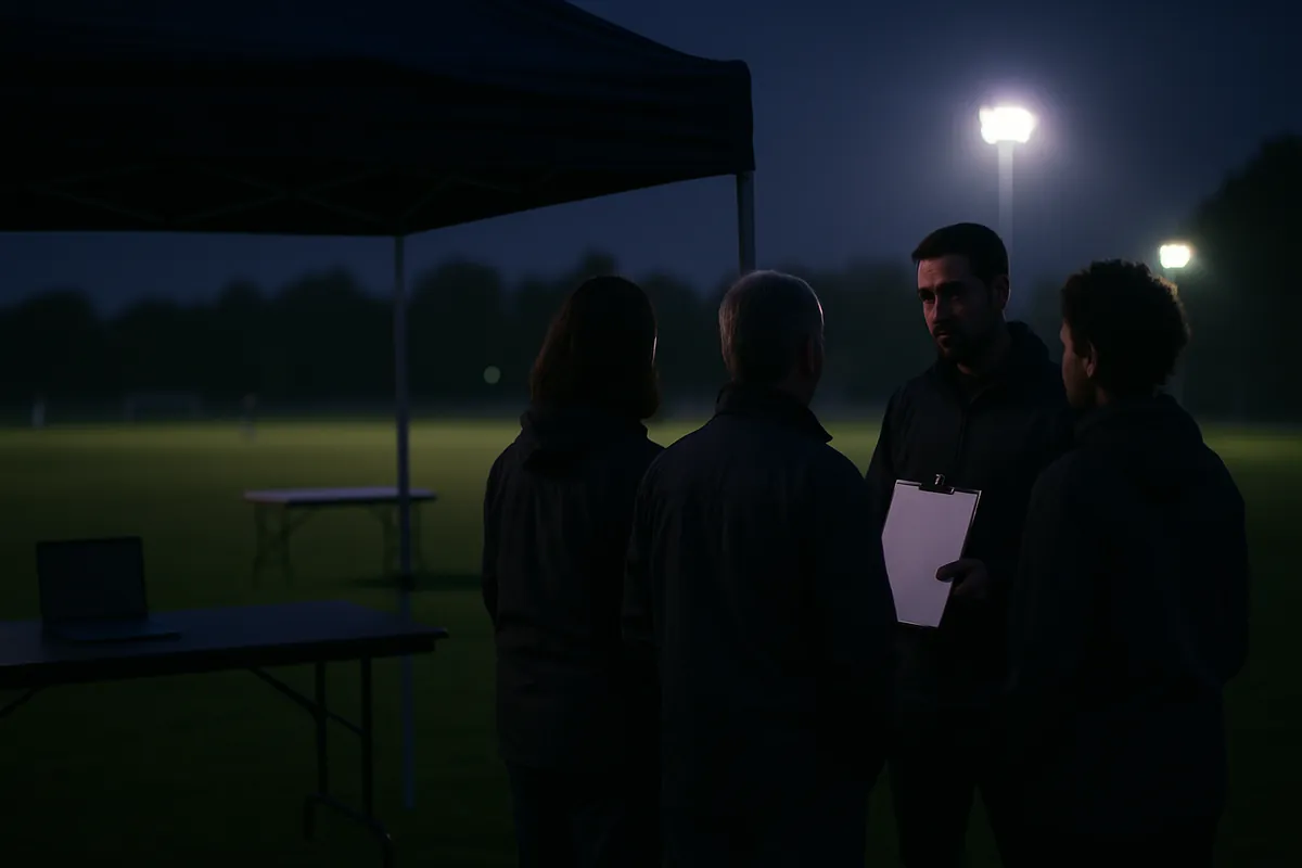 Four adults talk beside a tournament canopy tent at a floodlit field in the evening; one holds a clipboard.