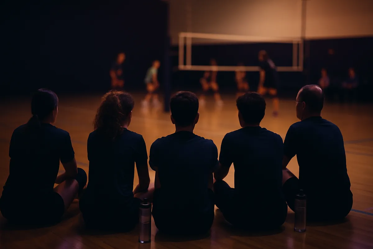 A team sits on a gym floor with water bottles, seen from behind, resting while a volleyball game is played on the court in front of them.