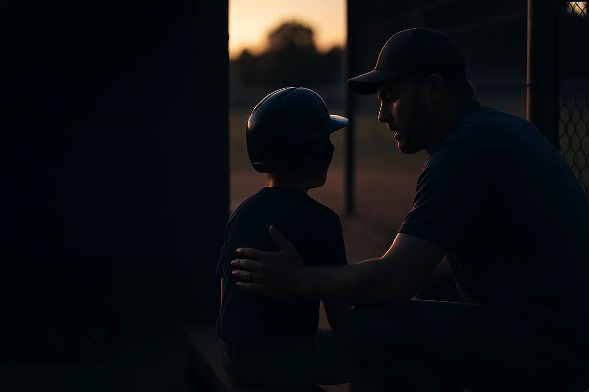 A baseball coach in a cap crouches beside a young player in a batting helmet, seen from behind, and talks quietly in the dugout at sunset.