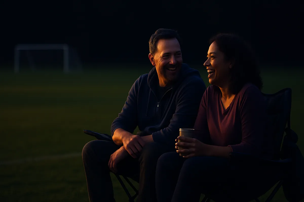 Two adult parents laugh together in folding chairs beside a soccer field at dusk, with an empty goal in the background.