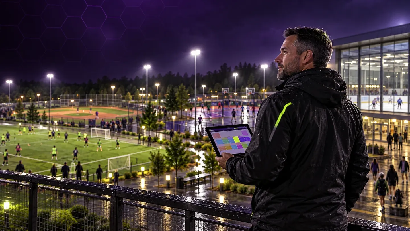 Sports organizer checking the week's multi-sport league schedule on a tablet at a floodlit community sports complex