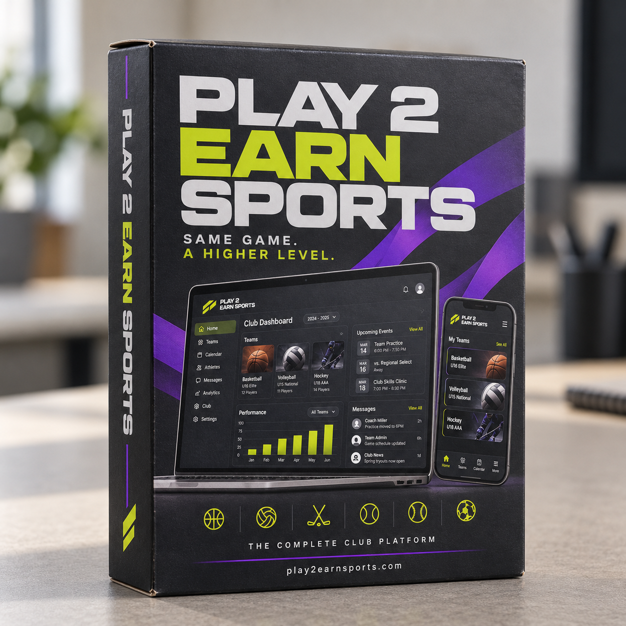 Play 2 Earn Sports branded product concept, showing a club dashboard on laptop and phone