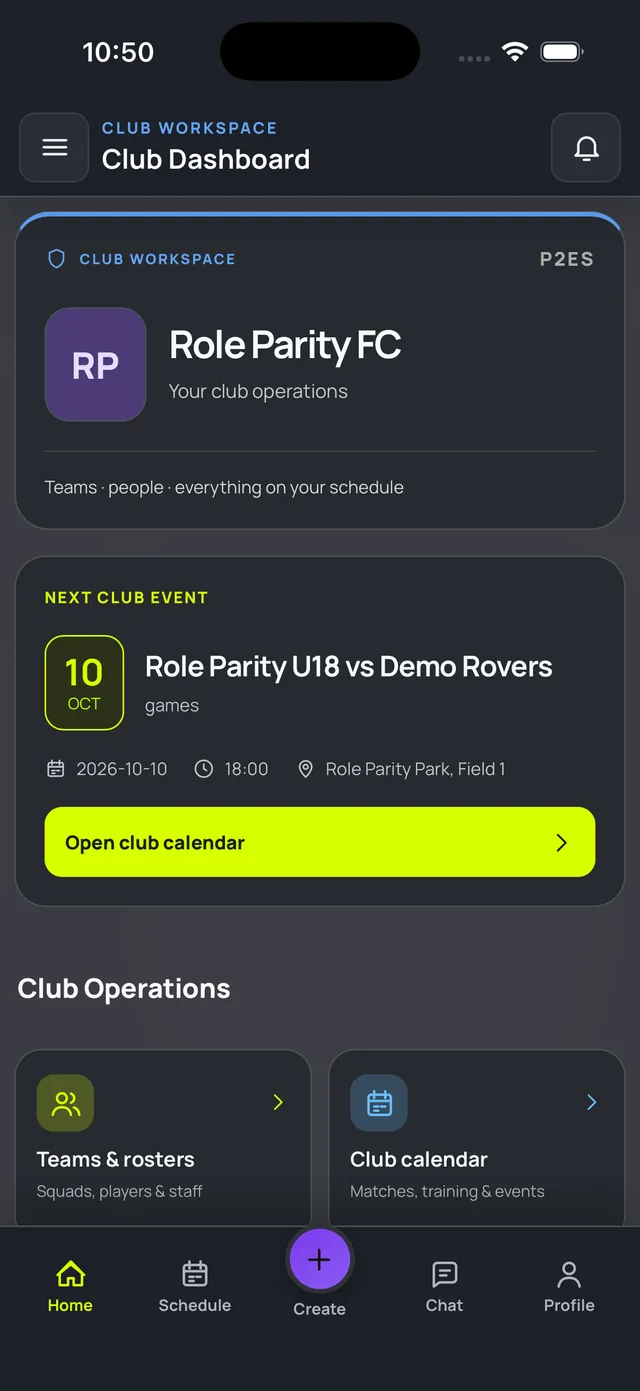 Actual P2E mobile club dashboard showing the next club event, teams and rosters, and club calendar
