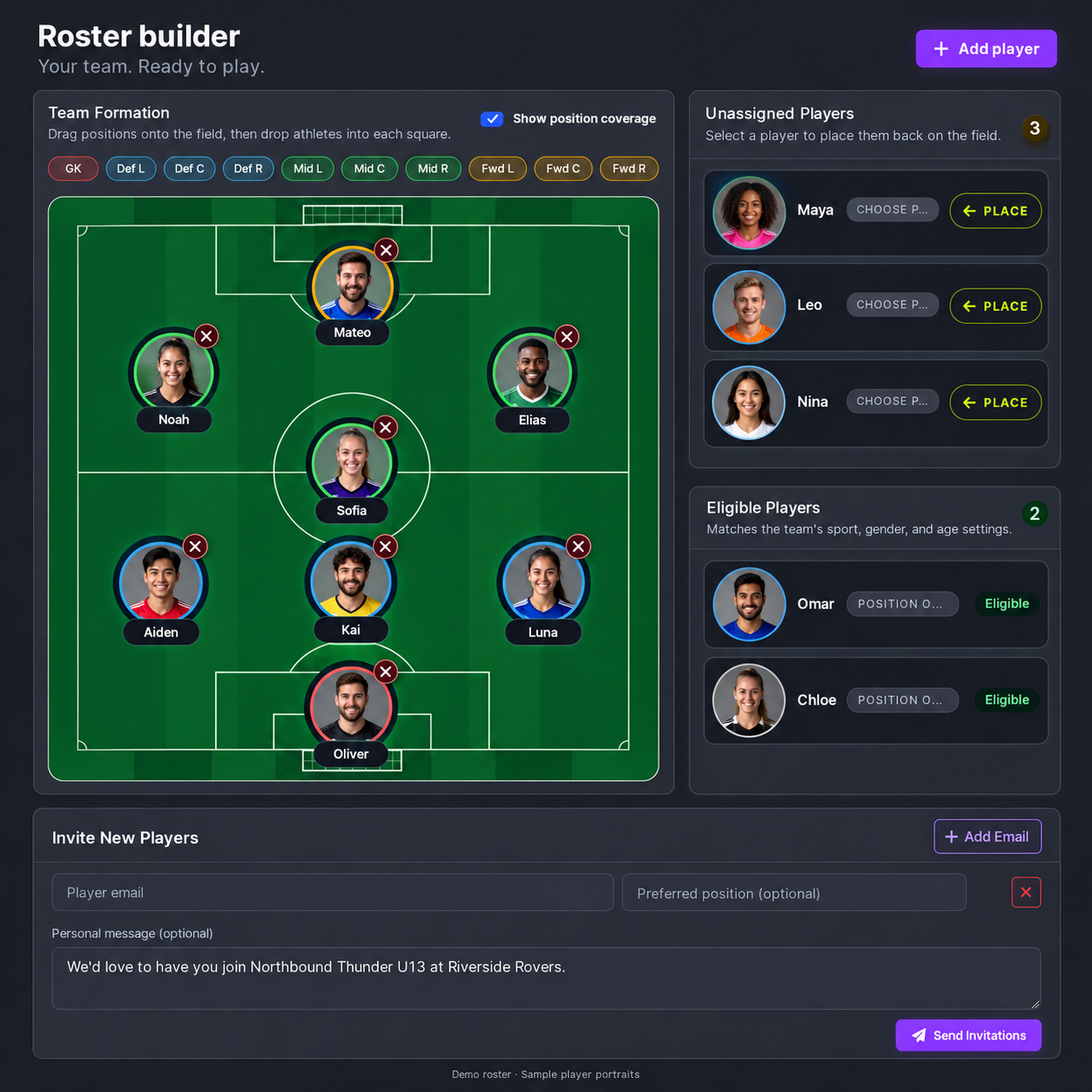 P2E roster builder demonstration with realistic generated player portraits positioned on a soccer field and eligible player lists